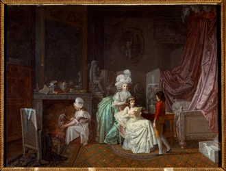 Családi frizura a hálószobában, az anya fűti az olvasó lányát. Egy másik játszik a kutyával. Jean Baptiste Mallet (1759-1835) festménye 18. századi Párizs, Dekoratív művészetek