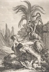 A megrémült Naiad Egy kócos Naiad ijedtében hátrál egy oroszlán láttán, kb. 1740.,