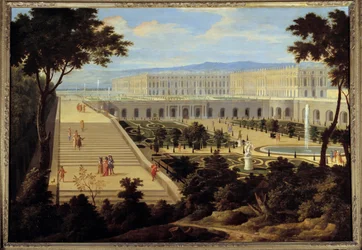Az Orangerie, a Cent-Marches lépcsői és a versailles-i kastély látképe 1695 körül. Jean-Baptiste Martin idősebbnek (1659 - 1735) tulajdonított festmény. 1695. Nap. 1,15 x 1,65 m