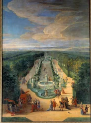 Kilátás a Galerie des Antiques ligetére Versailles kertjében Jean-Baptiste Martin (az idősebb) festménye (1659-1735) 1688 körül V. 2x1,4 m Versailles, musee du chateau