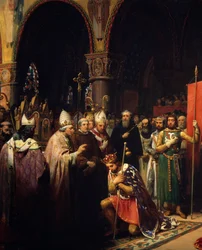 VII. Lajos király (1120-1180) átveszi a Szent Dénes-bazilika (Szent Denis) oriflame-jét Aquitánia Alienor királynéja jelenlétében, és átveszi III. távozása előtt