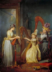 Stephanie Felicite Ducrest de Saint-Aubin, Genlis grófnője (Madame de Genlis) (1746-1830) hárfaelőadást tart az orléans-i herceg gyermekeinek a Saint Leu kastélyban Jean Baptiste Mauzaisse (1784-1844) festménye 19. századi V. 2,4