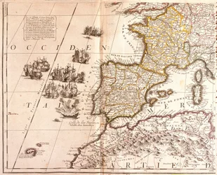 A nyugati mediterrán országok térképe: Franciaország, Spanyolország, Portugália és Észak-Afrika (Marokkó, Algéria, Tunézia), a Baleár-szigetekkel, Korzikával és Szardíniával
