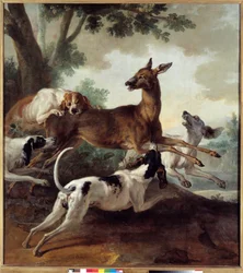 Kutyák által üldözött szarvas. Vadászjelenet. Jean-Baptiste Oudry (1686-1755) festménye
