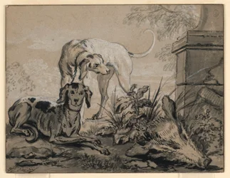 Rajz, Vadászat után: két vadászkutya egy vadkan feje mellett, 1740