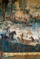 XV. Lajos vadászata: a szarvas halála a tóban. Részlet. Jean Baptiste Oudry (1686-1755) kárpitja