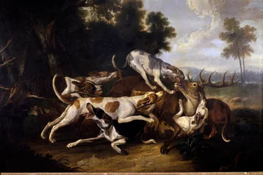 A szarvas végzete. Vadászkutyák elejtenek egy szarvast - 18. század. Ma. 2,35 x 3,26 m. Pau, Musée des Beaux-Arts
