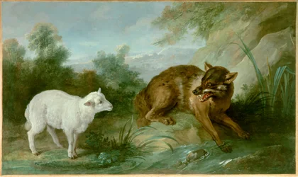 A farkas és a bárány. Jean de La Fontaine (1621-1695) meséjének illusztrációja