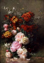 Nyári virágok (beleértve a rózsát és a muskátlit). Jean Baptiste Robie (1821-1910) festménye Magángyűjtemény.