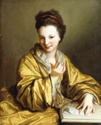 Egy fiatal hölgy, sárga köntösben, asztalnál ül, intés, 1703