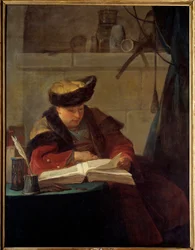 Egy kémikus a laboratóriumában vagy egy filozófus foglalkozik az olvasással. Jacques Andre Joseph Ave festő, a Camelot vagy Avet le Batave (1702-1766) portréja. Jean Baptiste Simeon Chardin (1699-1779) festménye 1734 V. 1,38x1,05 m