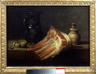 Konyhaasztal és edények báránynégyzettel. Jean Baptiste Simeon Chardin festménye