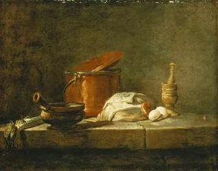 Póréhagyma, rakott, fedős rézfazék, egy szelet hal, egy hagyma és két tojás, mozsártörővel, párkányon, 1734