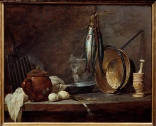 Karcsú és konyhai eszközök étlapja. Csendélet. Jean Baptiste Simeon Chardin (1699-1779) festménye