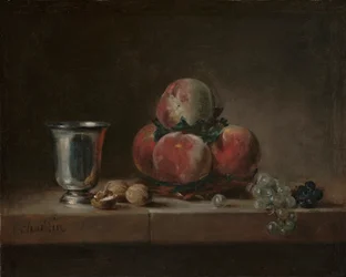 Csendélet őszibarackkal, ezüstserleggel, szőlővel és dióval, körülbelül 1759-60