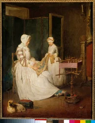 A dolgozó anya Anya, akinek lánya segített a hímzésben és a chedder használatában. Jean Baptiste Simeon Chardin (1699-1779) festménye 18. század V. 0,4x0,39 m