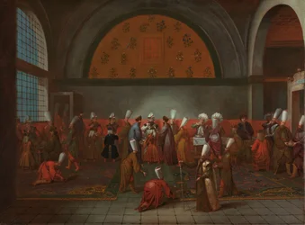 Vacsora Cornelis Calkoen nagykövet tiszteletére Az étkezés, amelyet a nagyvezír nyújtott át Cornelis Calkoen nagykövetnek III. Ahmed szultán nevében, 1727. szeptember 14-én