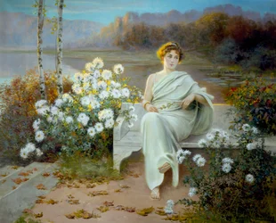 Ókori Róma: "Reverie" Egy fiatal nő ül egy padon egy virágos kertben, tekintete gondolataiba merül. Jean Beauduin (1851-1916) festménye 1901 Magántulajdon.