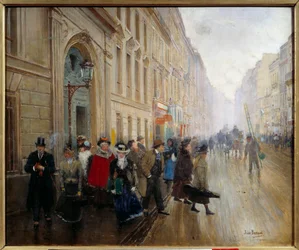 A télikert kijárata a rue du Faubourg fishonniere-n. Jean Beraud (1849-1935) festménye XIX. Homályos. 0,46x0,55 m. Párizs, Musee Carnavalet