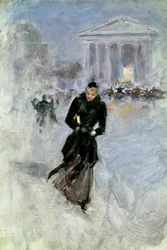 Fiatal, elegáns nő a boán a párizsi rue Royale-ban Jean Beraud festménye (1849-1935) 20. századi Tours, Musee des Beaux Arts