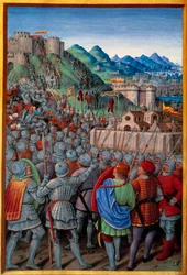 A genovaiak megtámadták a franciák Castellacio de Genes gárdáját (1507. március 12.). Jean Bourdichon (1457? - 1521) miniatúrája a „Voyage de Genes”-ben (Folio 20v), írta Jean Marot, v.1508. Párizs, NL