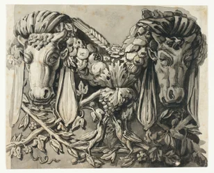 Ornamentum két bikafejjel (recto); geometrikus szegélyek vázlata (verso)