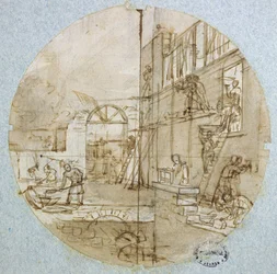 A kőműves műhelye, tányérterv különböző mesterségeket ábrázoló étkészlethez, kb. 1820-35