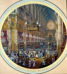 X. Károly (1757-1836) megkoronázása a reimsi székesegyházban, 28/05/1825. Akvarell egy guéridon-asztal tervéhez Jean-Charles Develly (1783-1862) alkotásaként, 1825. Átm. 0,37m. Sèvres. Porcelánmanufaktúra