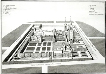 A Saint-Germain-des-Pres-i apátság látképe 1640 előtt, Antoine Herisset (1685-1769) metszetében