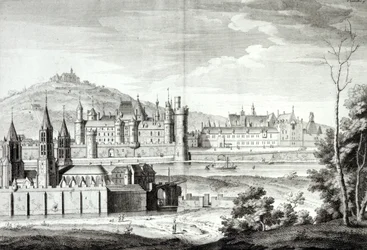 Kilátás a Saint-Germain-des-Pres-i apátságra, a Louvre-ra, a Petit Bourbonra, a Montmartre-re és a Szajnára 1410-ben, Antoine Herisset (1685-1769) metszetében