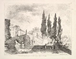 Kilátás a tivoli Villa dEste kertjére, jobbra ciprusi fák, lépcsőház..., 1764.