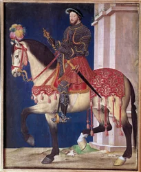 I. Francois (1494-1547) lovas portréja. Jean Clouet iskolájának festménye (1475/1485-1540)