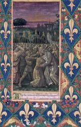 Ms. Lat. Q.v.I.126, 100. fol.: Júdás csókja, az „Orléans-i Lajos hóráskönyvéből“, 1469