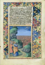 Ms. Lat. Q.v.I.126 fol.26 Mózes és az izraeliták, amint az egyiptomiakat nézték a tengerbe fulladni, Louis dOrleans óráinak könyvéből, 1490