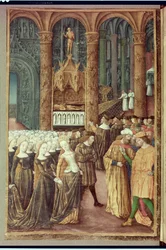 Nouv Acqu Fr 24920 fol.24v Priamosz Hektor sírja előtt az Apolló-templomban, a "Trója pusztulásának története" című műből, 1500 körül.