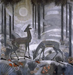 Két szarvas az erdőben, 1929 körül (lakkozott fa panel)