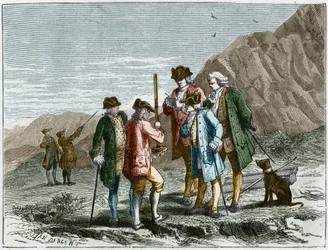 Florin Perier méri Evangelista Torricelli vagy Toricelli barométerének (higanycső) magasságát a Blaise Pascal levegő gravitációjával kapcsolatos kísérlet során, a Puy de Dome tetején (1648). Yan Dargent metszet.