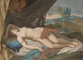 Szunnyadó nimfa, akit szatírok lesnek meg, Anthony van Dyck nyomán készült metszetre alapozott festmény alapján