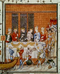 V. Károly francia király (1338-1380) bankettet kínál a Cité palotájában IV. Károly császár (1316-1378) és IV. Vencel (1363-1419) cseh király tiszteletére. Miniatűr Jean Fouquet (1420-1481) „Franciaország nagy krónikáiból”, Párizs, B.N.