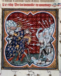 Kortrijki csata IV. Bel Fülöp (1268-1314) és a flamandok között úgynevezett aranysarkantyús csata 1302/07/11. Miniatúra Jean Fouquet (1420-1481) "Les grandes chronicles de France" című művéből, 15. század. Párizs, B.N.