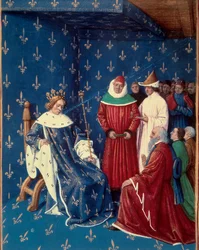 V. Károly (1338-1380) fogadta IV. Károly (1316-1378), a Szent Német Birodalom császára követeit 1377-ben. Miniatúra Jean Fouquet (1420-1481) kéziratából.