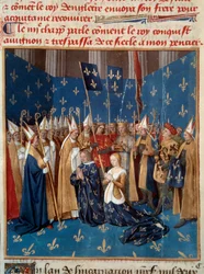 VIII. Lajos (1187-1226) és Kasztíliai Blanka (1188-1252) megkoronázása Reimsben 1224-ben. Miniatúra Jean Fouquet (1420-1481) „Grandes Chroniques de France” című kéziratából, 15. század. Párizs, B.N.