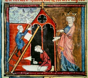 Louis vi le gros (1081 - 1137) egy épület építését felügyeli. Miniatűr Jean Fouquet (1420-1481) „Grandes chroniques de france” című művében