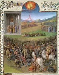 Ms Fr 247 f.70 A héberek csatája a kánaániták ellen, valamint Korah és a lázadók büntetése, illusztráció az „Antiquites Judaiques” című könyvből, 1470 körül