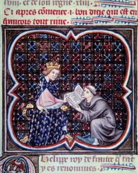 Prímás, aki bemutatja a francia nagy krónikák szövegét III. Fülöpnek (1245-1285). Miniatűr Jean Fouquet (1420 - 1481) „" Grandes Chronicles de France" - kéziratából. Párizs. B N