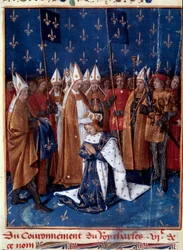 VI. Károly megkoronázása Reimsben 1380-ban. Miniatúra a Grandes Chroniques de France című műben (457v fólió), Jean Fouquet (1420-1481) illuminációja, 1455-1460. Francia Nemzeti Könyvtár, Párizs.
