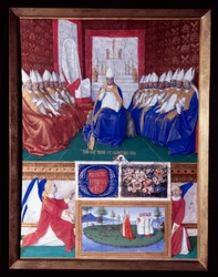Saint Hilaire Saint Hilaire (Saint-Hilaire) (401-449) az I. Leon pápa által 445-445 körül összehívott zsinatnak. Miniatűr Jean Fouquet (1420-1477/1481) „Etienne Chevalier óráinak könyvéből”