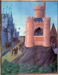 Avignon ostroma (1226). VIII. Lajos halála. Szent Lajos (IX. Lajos) megkoronázása. Miniatúra a „Grandes Chroniques de France” című műben (251v)