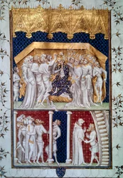 VI. Károly (1368-1422) megkoronázása Franciaország pairjei által 16/09/1380. Miniatúra a „Grandes Chroniques de France” című műből, 15. század, Párizs, Bibliothèque nationale