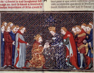 III. Edward angol király (1312-1377) tisztelgése VI. Valois-i Fülöp (1294-1350), francia király előtt 1330-ban. Miniatűr Jean Fouquet (1420-1481) „Les grandes chronicles de france”-ból
